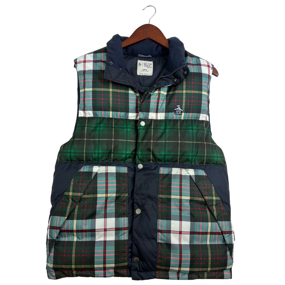 Original Penguin Mens S Plaid Puffer Vest Green Navy Tartan Quilted Full Zip